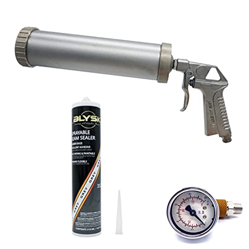 Ani Pneumatic Caulking Gun & BLYSK Seam Sealer (A/525) – 310ml/10oz, Caulk Gun, Anti Drip, Air Powered Caulk Gun – Includes Sprayable Seam Sealer & Air Regulator Pressure Gauge (Tan, Grey, Black). - Maazzo