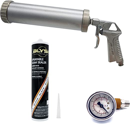 Ani Pneumatic Caulking Gun & BLYSK Seam Sealer (A/525) – 310ml/10oz, Caulk Gun, Anti Drip, Air Powered Caulk Gun – Includes Sprayable Seam Sealer & Air Regulator Pressure Gauge (Tan, Grey, Black). - Maazzo