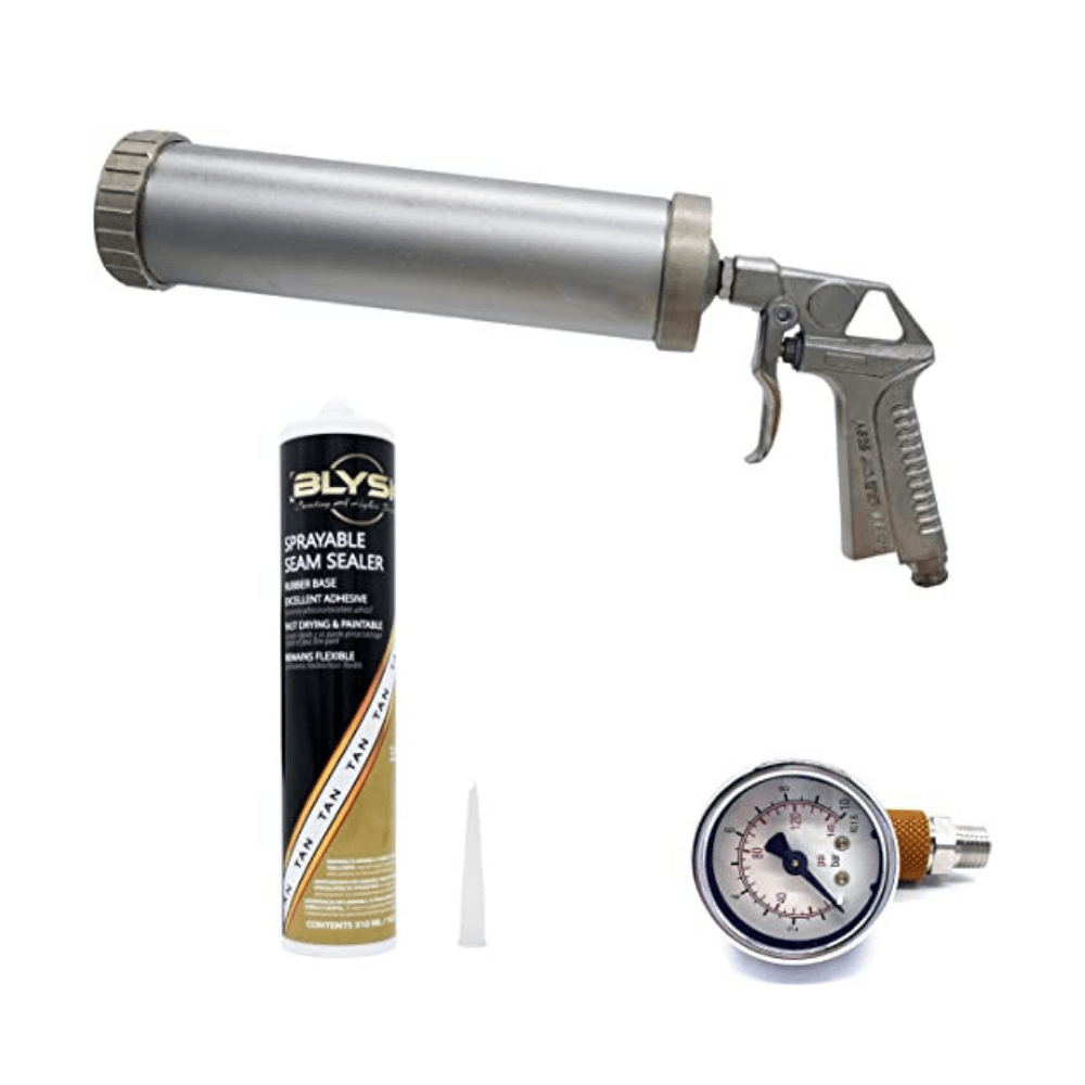 Ani Pneumatic Caulking Gun & BLYSK Seam Sealer (A/525) – 310ml/10oz, Caulk Gun, Anti Drip, Air Powered Caulk Gun – Includes Sprayable Seam Sealer & Air Regulator Pressure Gauge (Tan, Grey, Black). - Maazzo
