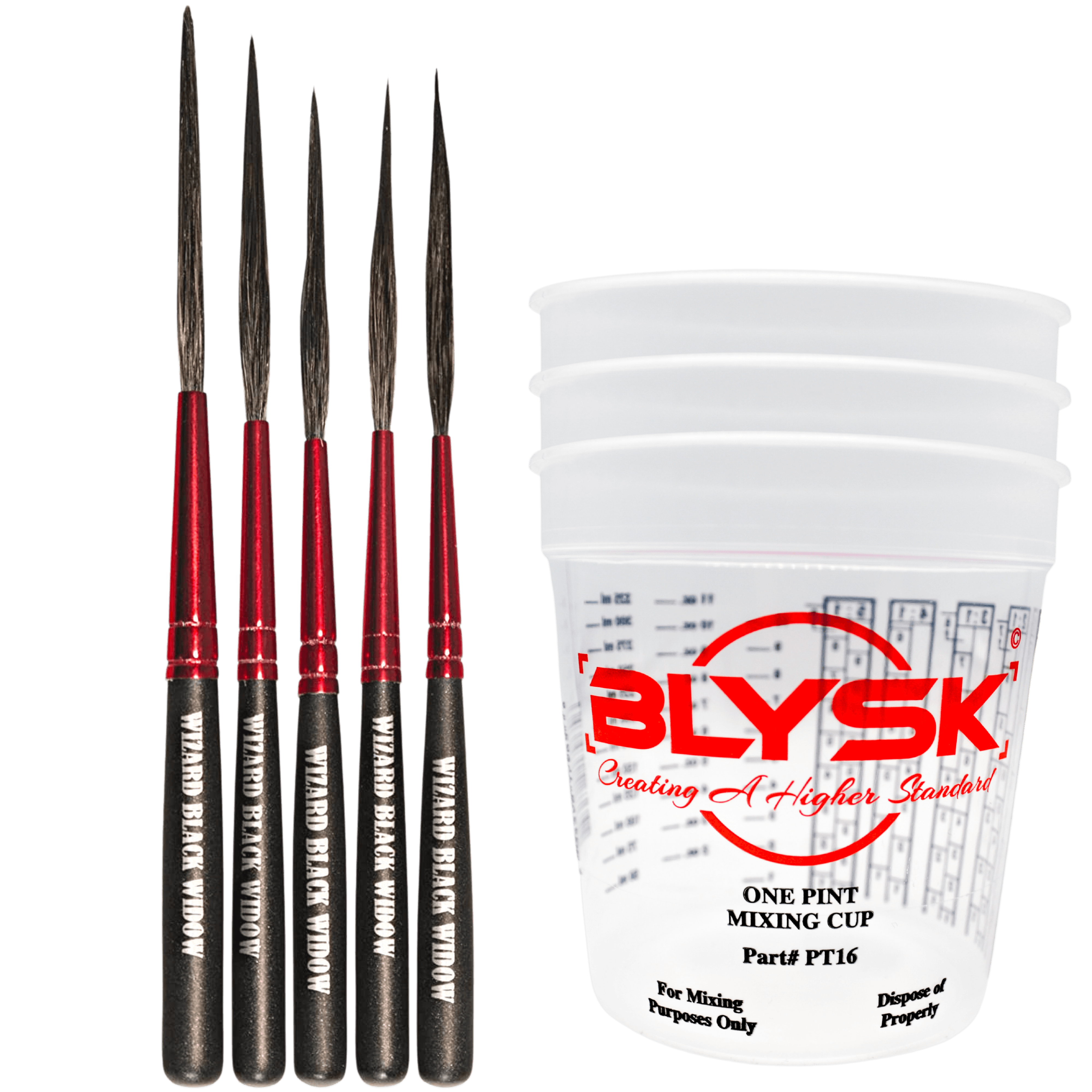 Blysk and Mack Wizard Black Widow Scroll Striper Bundle with Free Pint Mixing Cups, Scrolling, Pinstriping, Control, Striping Brush Set, Automotive