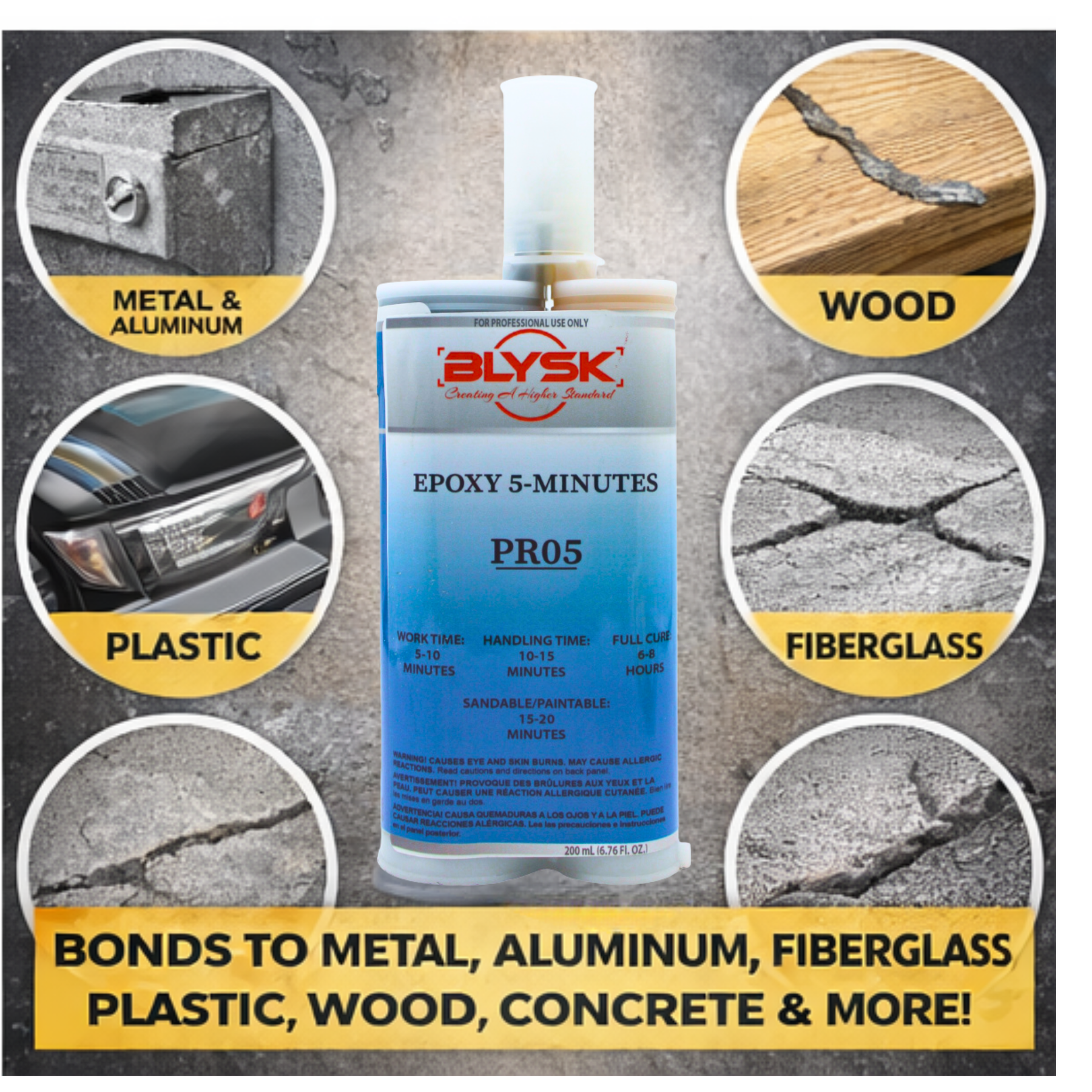 Blysk PR05 Hi-Stress Epoxy Adhesive, Filler & Resurfacer, 200ml / 6.76 fl oz Dual Cartridge, Rigid 2-Part Bonding for Metal, Aluminum, Fiberglass, Plastic, Wood, Glass & Concrete