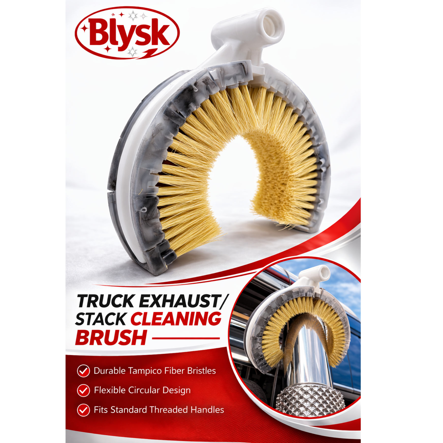 Blysk B600 Truck Exhaust Stack Cleaning Brush – 9" Flexible Chrome Stack Brush with White Tampico Bristles – Threaded Handle Hole