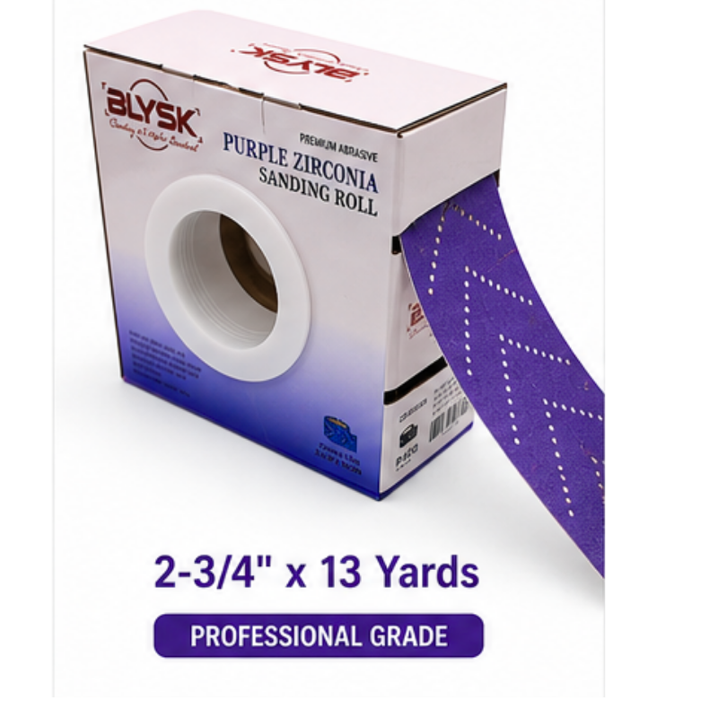 Blysk Purple Zirconia Sanding Roll – 2-3/4" x 13 Yds, Fast Cut, Long Life, Clog-Resistant, Hook & Loop, Pre-Cut for Easy Tear, Available in Grits 80, 120, 180, 220, 320, and 400.