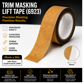 Blysk Trim Masking Lift Tape (6923) – Perforated Automotive Refinish Tape with Clear Edge – 10mm Clear Plastic Strip 45mm x10m – for Windshields, Trim, Taillights & Sunroofs
