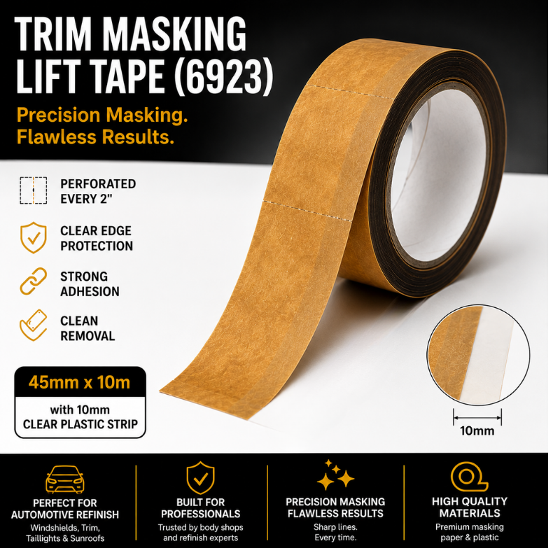 Blysk Trim Masking Lift Tape (6923) – Perforated Automotive Refinish Tape with Clear Edge – 10mm Clear Plastic Strip 45mm x10m – for Windshields, Trim, Taillights & Sunroofs