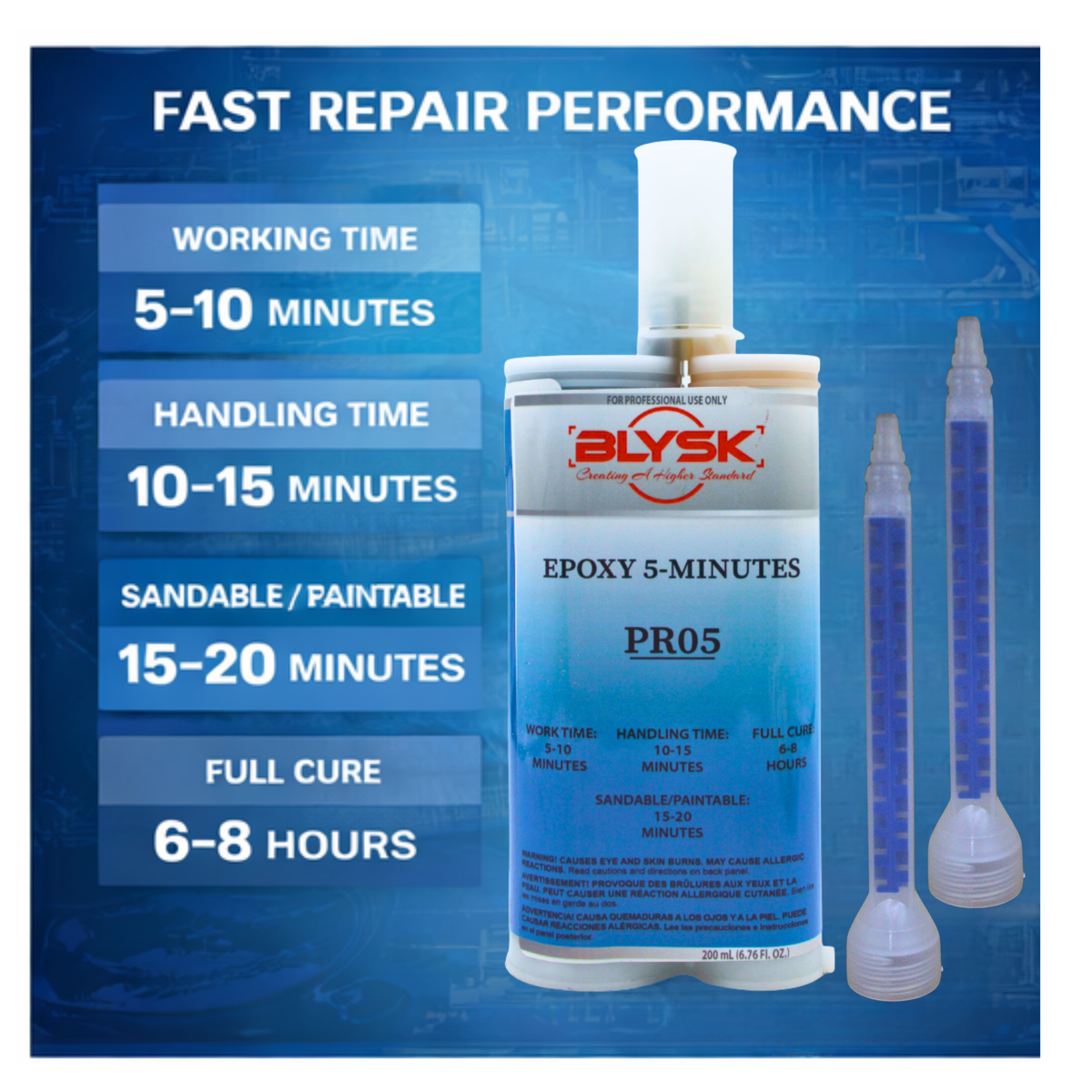 Blysk PR05 Hi-Stress Epoxy Adhesive, Filler & Resurfacer, 200ml / 6.76 fl oz Dual Cartridge, Rigid 2-Part Bonding for Metal, Aluminum, Fiberglass, Plastic, Wood, Glass & Concrete