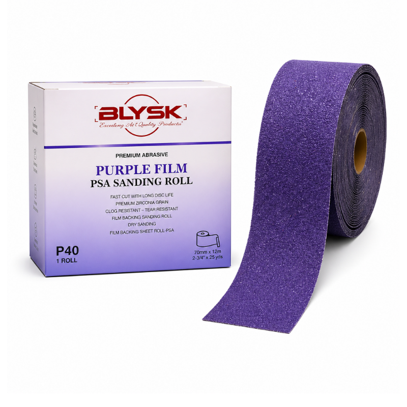 Blysk  Purple Film PSA Sanding Roll 2-3/4" x 25 Yds – 40, 80, 120, 220, 320 Grit – Premium Long-Lasting Abrasive for Wood, Paint, Metal – Clog-Resistant, Fast Cut