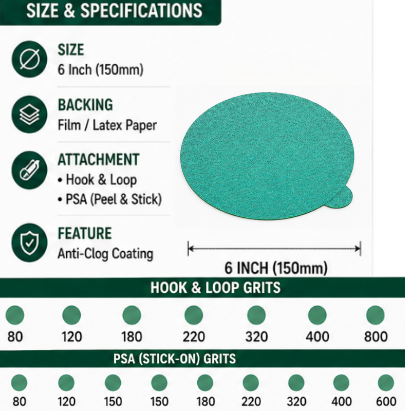 Blysk 6" Green Aluminum Oxide Sanding Discs – P80 to P800 Grit – Latex Paper, Semi-Open Coat – Hook & Loop/PSA – Clean Sanding for Metal, Wood, Paint, Plastic, 50-Pack