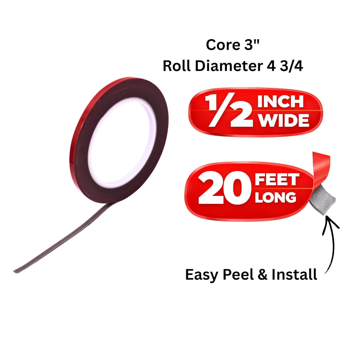 Premium Double Sided Acrylic Foam Tape (Gray) - for Body Side Mouldings, Accessories, Interior Trim Panels, Garnish Mouldings (1/2" x 20')