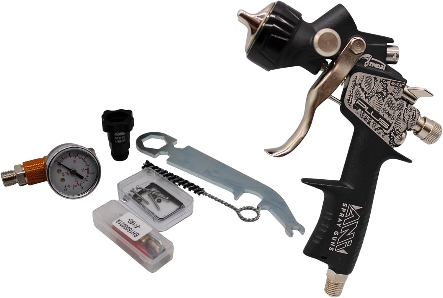 ANI Snake Spray Gun Kit (F160-PLUS/S HVLP) – Automotive Paint Gun with PPS Adapter & Nylon Case TMD2 Digital Manometer/RP1 Anolog Regulator. (RP1 1.3mm)