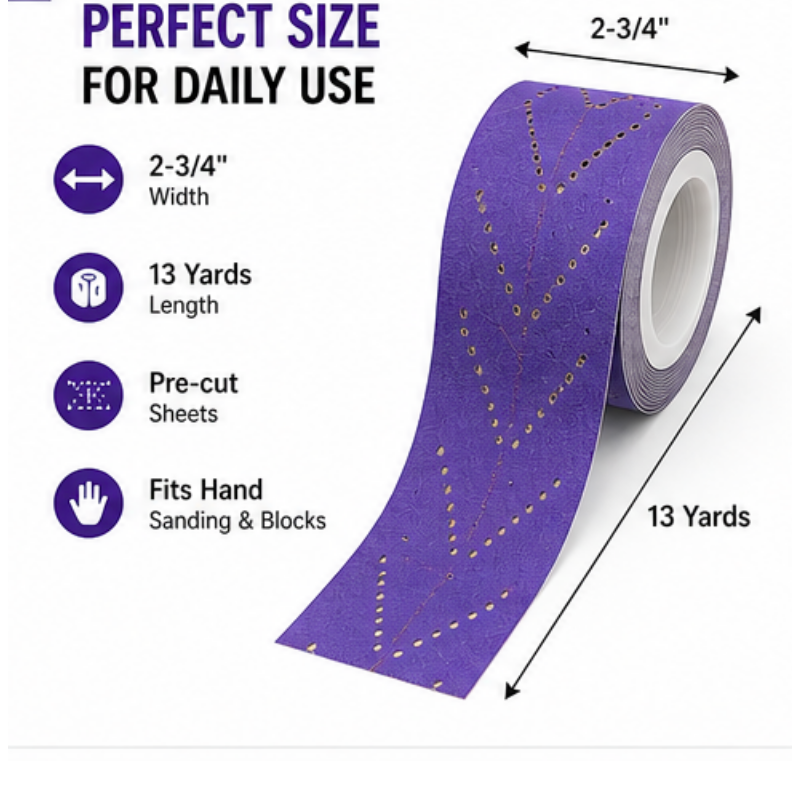 Blysk Purple Zirconia Sanding Roll – 2-3/4" x 13 Yds, Fast Cut, Long Life, Clog-Resistant, Hook & Loop, Pre-Cut for Easy Tear, Available in Grits 80, 120, 180, 220, 320, and 400.