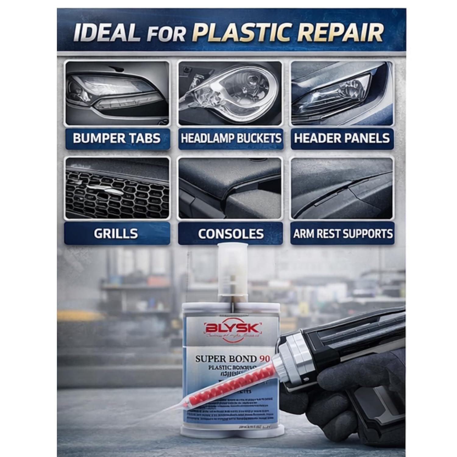 Super Bond 90 Plastic Bonding Adhesive PR1.5 – 200ml / 6.76 fl oz Dual Cartridge with 2 Mixing Nozzles – Fast Set Automotive Plastic Repair Adhesive for Bumper Tabs, Headlamp Buckets, Panel