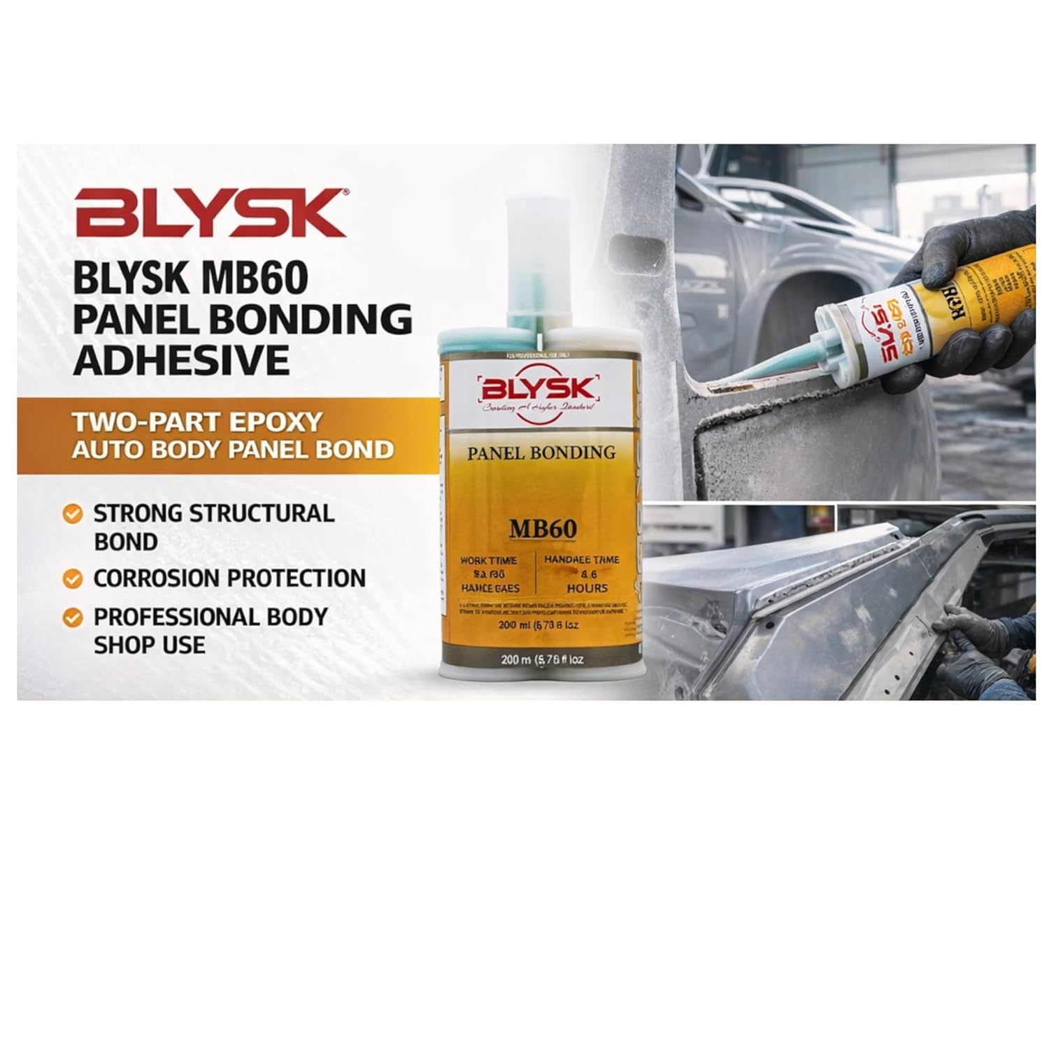 MB60 Panel Bonding – Two-Part Epoxy Auto Body Panel Bond – Structural Adhesive for Steel, Aluminum & Fiberglass Panels – 200ml /6.76 fl oz Cartridge with 2 Mixing Nozzles