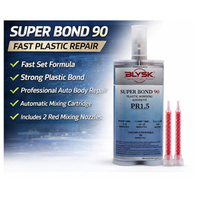 Super Bond 90 Plastic Bonding Adhesive PR1.5 – 200ml / 6.76 fl oz Dual Cartridge with 2 Mixing Nozzles – Fast Set Automotive Plastic Repair Adhesive for Bumper Tabs, Headlamp Buckets, Panel