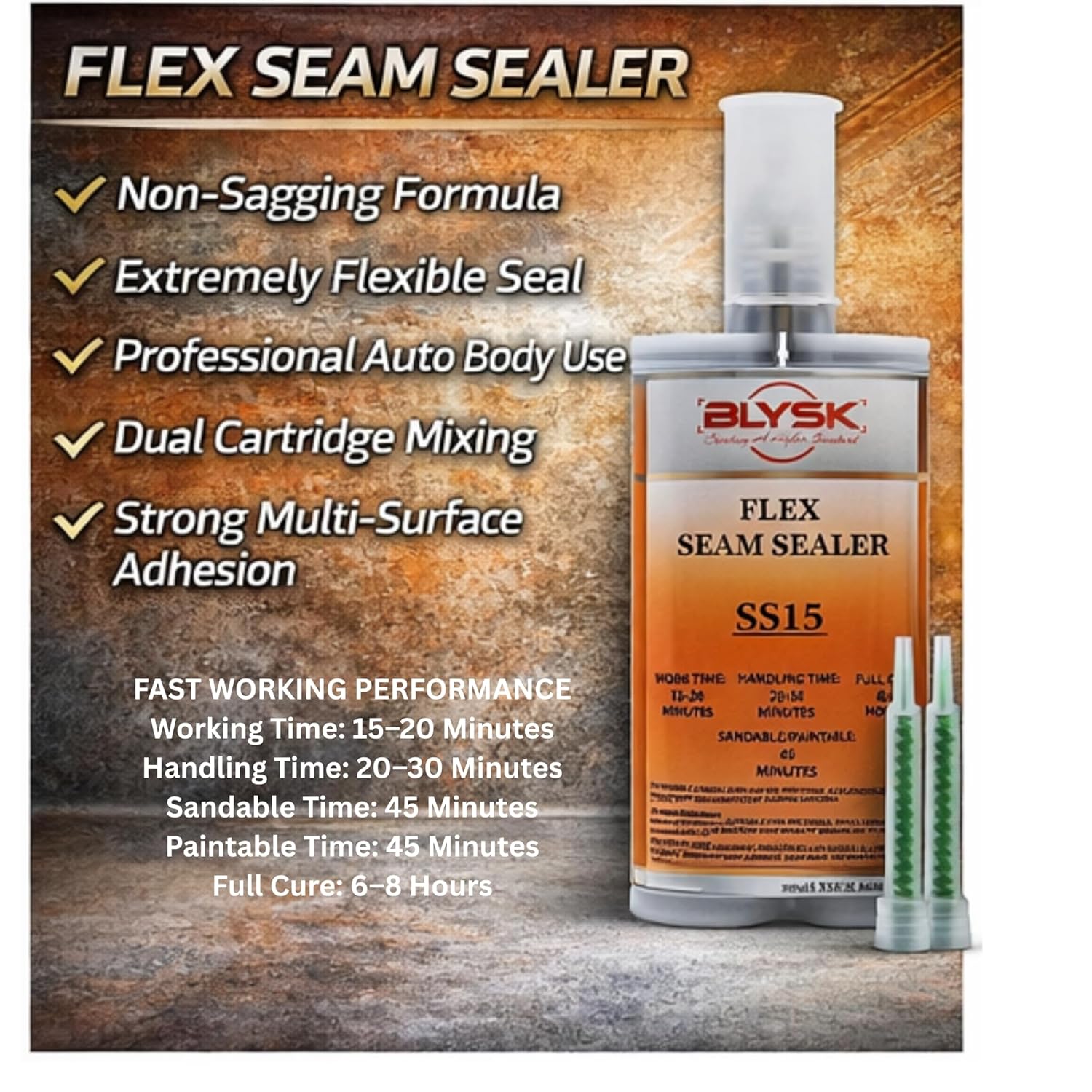 Flex Seam Sealer SS15 – Thick Set Flexible Automotive Seam Sealer – 200ml / 6.76 fl oz Dual Cartridge with 2 Mixing Nozzles – Non-Sag Adhesive Sealant for Metal, Aluminum, Fiberglass & Plastics