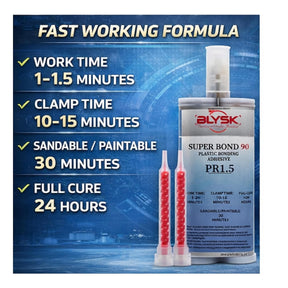 Super Bond 90 Plastic Bonding Adhesive PR1.5 – 200ml / 6.76 fl oz Dual Cartridge with 2 Mixing Nozzles – Fast Set Automotive Plastic Repair Adhesive for Bumper Tabs, Headlamp Buckets, Panel