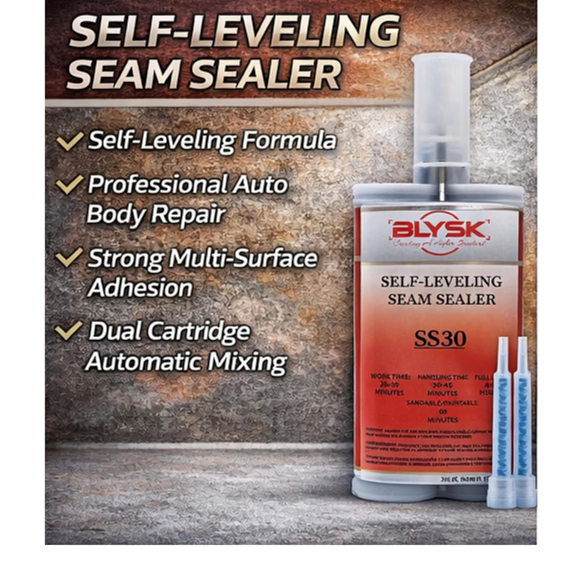 Self-Leveling Seam Sealer SS30 – Gray 200ml (6.76 fl oz) Dual Cartridge with 2 Mixing Nozzles – Automotive Seam & Roof Sealer – Fast Leveling Formula for Drip Rails & Body Seams