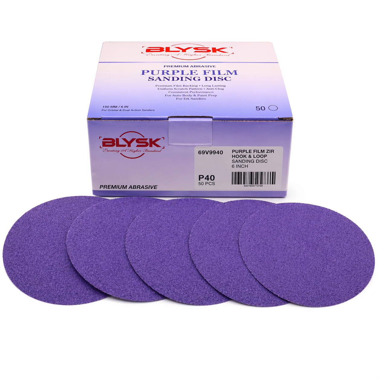 BLYSK Premium Purple Zirconia Sanding Discs 6", High Performance, Long Life, Clog-Resistant, Fits DA & Orbital Sanders, 50-Pack, Available in PSA and Hook & Loop