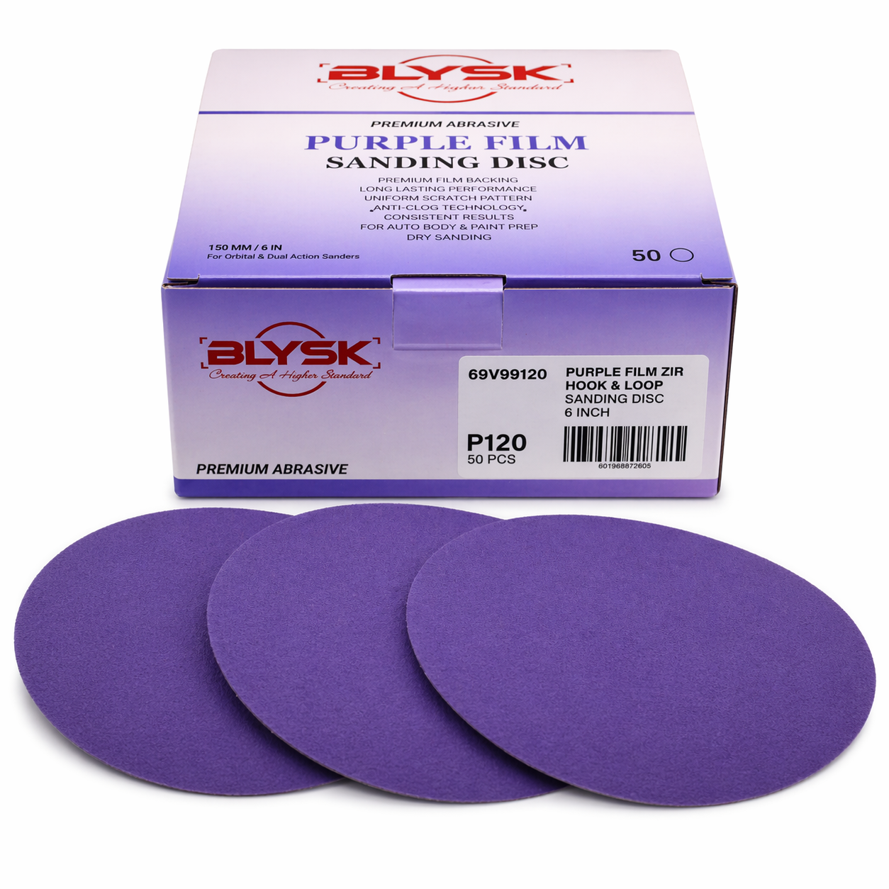 BLYSK Premium Purple Zirconia Sanding Discs 6", High Performance, Long Life, Clog-Resistant, Fits DA & Orbital Sanders, 50-Pack, Available in PSA and Hook & Loop