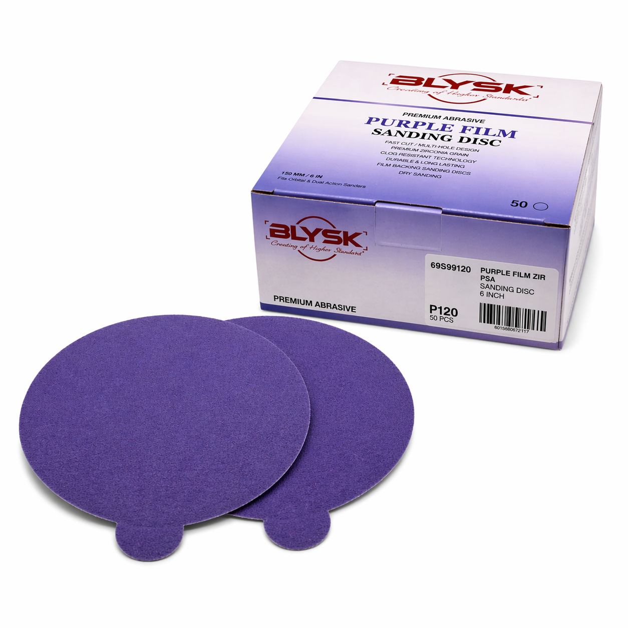 BLYSK Premium Purple Zirconia Sanding Discs 6", High Performance, Long Life, Clog-Resistant, Fits DA & Orbital Sanders, 50-Pack, Available in PSA and Hook & Loop