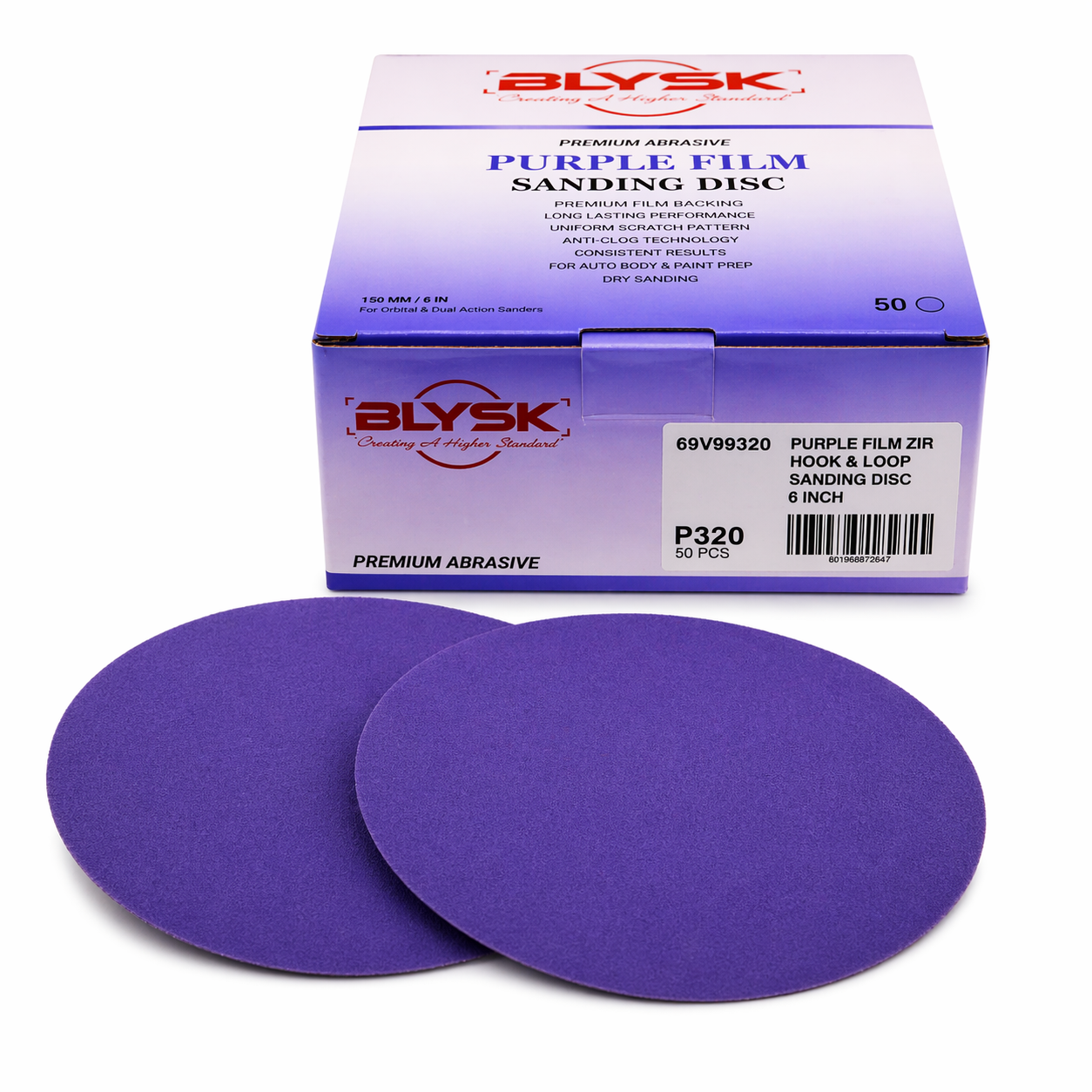 BLYSK Premium Purple Zirconia Sanding Discs 6", High Performance, Long Life, Clog-Resistant, Fits DA & Orbital Sanders, 50-Pack, Available in PSA and Hook & Loop