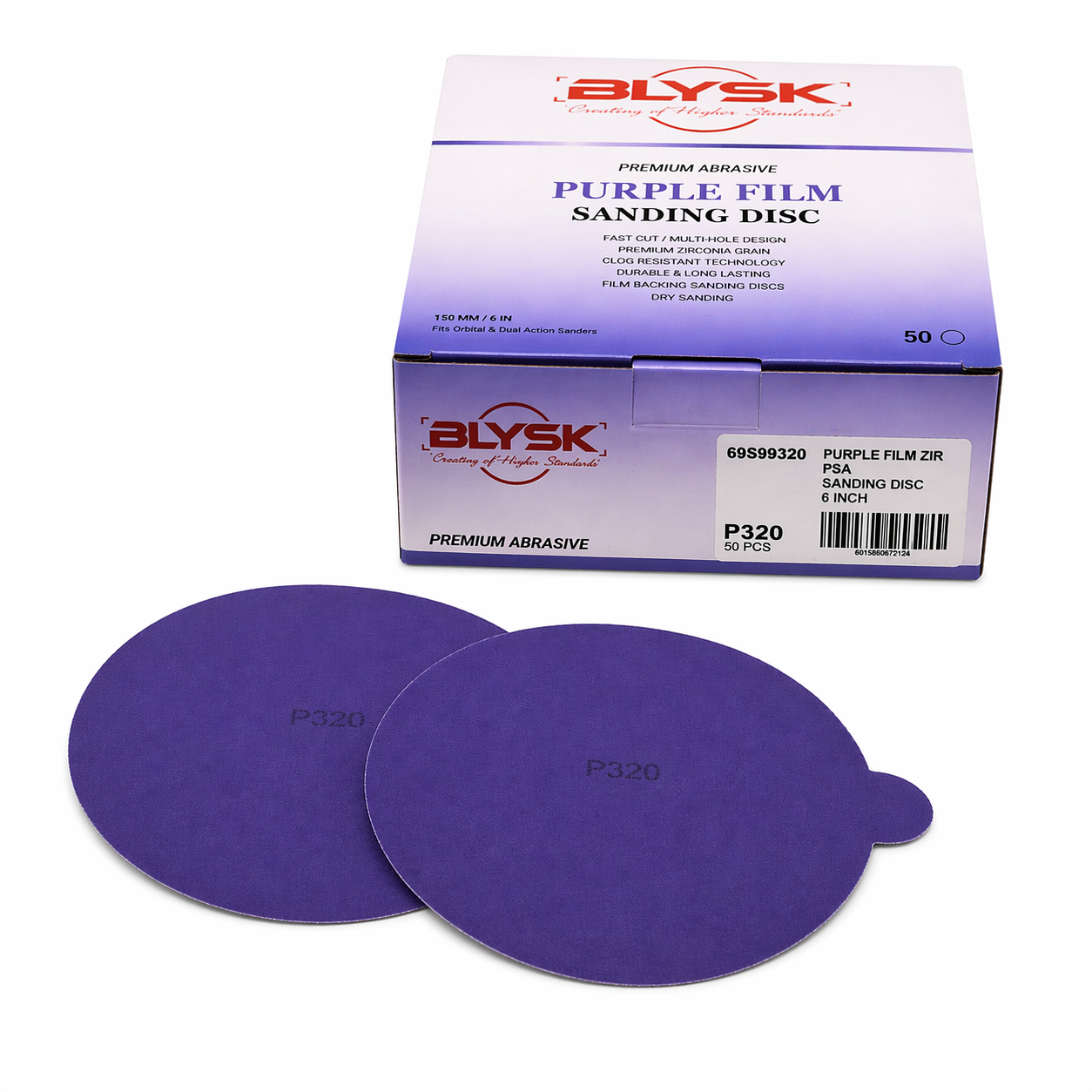 BLYSK Premium Purple Zirconia Sanding Discs 6", High Performance, Long Life, Clog-Resistant, Fits DA & Orbital Sanders, 50-Pack, Available in PSA and Hook & Loop