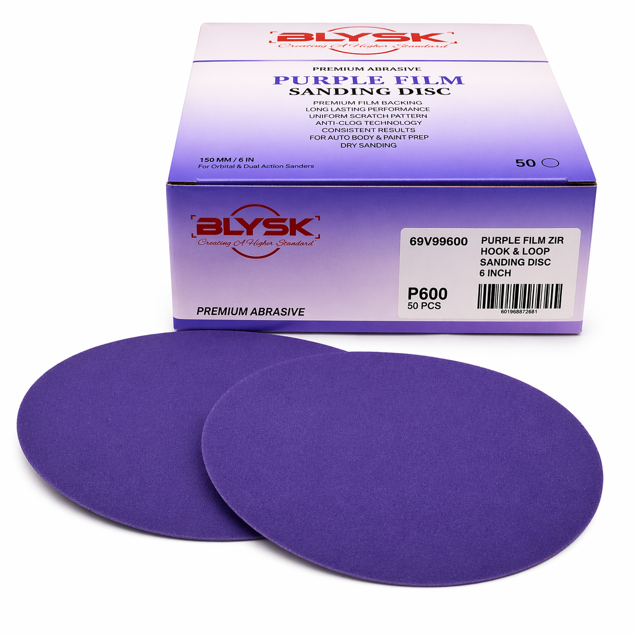 BLYSK Premium Purple Zirconia Sanding Discs 6", High Performance, Long Life, Clog-Resistant, Fits DA & Orbital Sanders, 50-Pack, Available in PSA and Hook & Loop