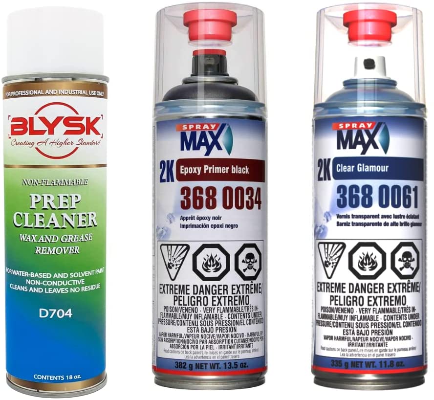 Blysk Bundle- Spray Max 2K Clear Glamour with Very High Chemical for Sealing-Spray Max 2K epoxy primer for all problematic surfaces (Black) -Blysk Prep Cleaner, Wax and Grease Remover - Maazzo