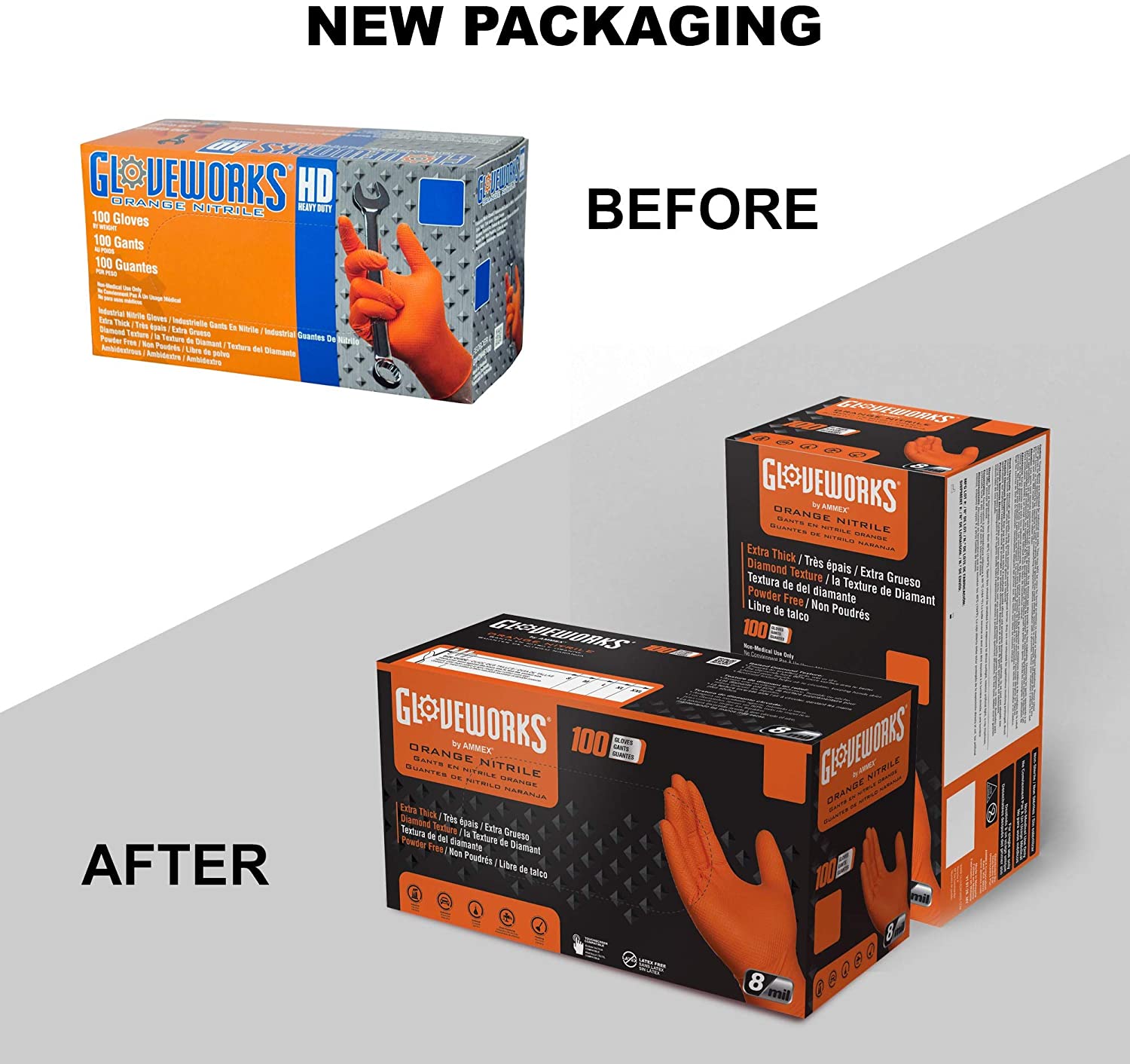  GLOVEWORKS HD Orange Nitrile Industrial Disposable Gloves, 8  Mil, Latex-Free, Raised Diamond Texture, XX-Large, 2 Boxes of 100 : Health  & Household