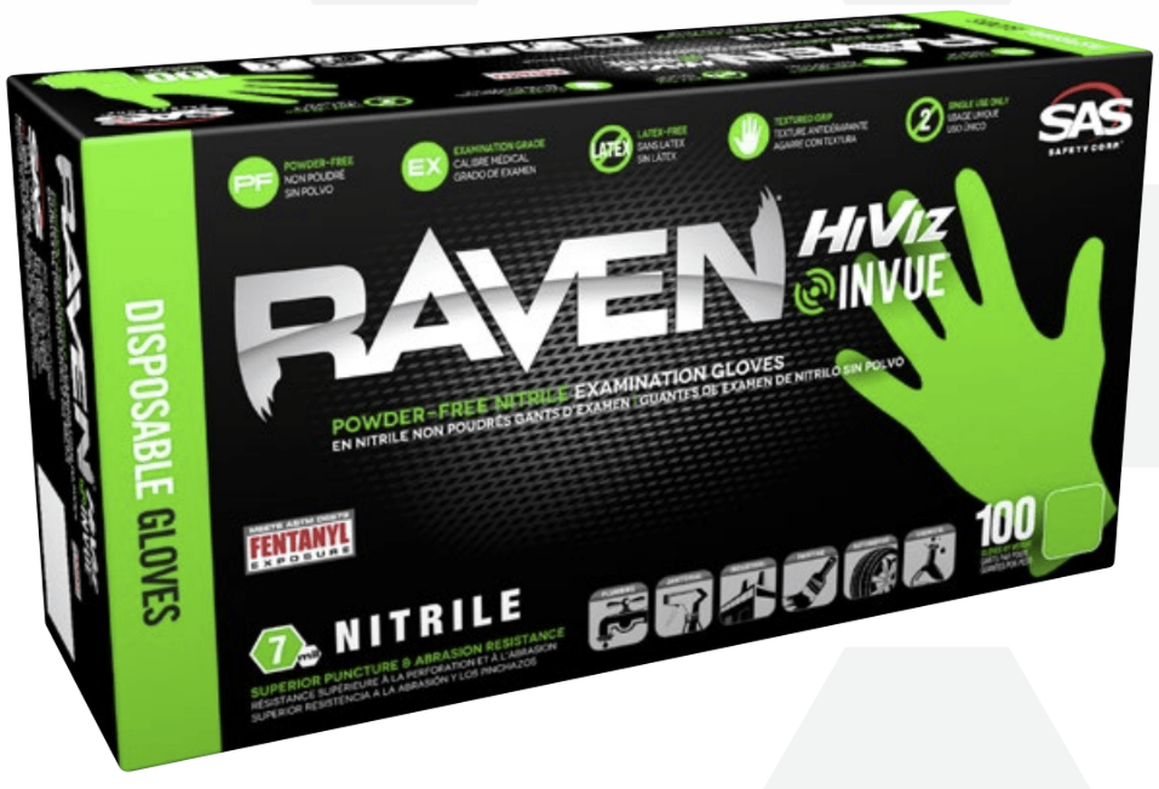SAS Safety Raven® Hi-Viz Invue Green, Nitrile Non-Latex Disposable Gloves, 7 mil Thickness, Box of 100 - Maazzo