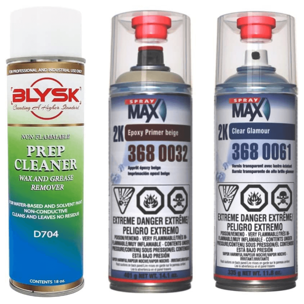 Blysk Bundle- Spray Max 2K Epoxy Primer Beige for All Problematic Surfaces- Spray Max- Clear Glamour 2K Clear Coat with Very High Chemical, Gasoline-Blysk Prep Cleaner, Wax and Grease Remover - Maazzo
