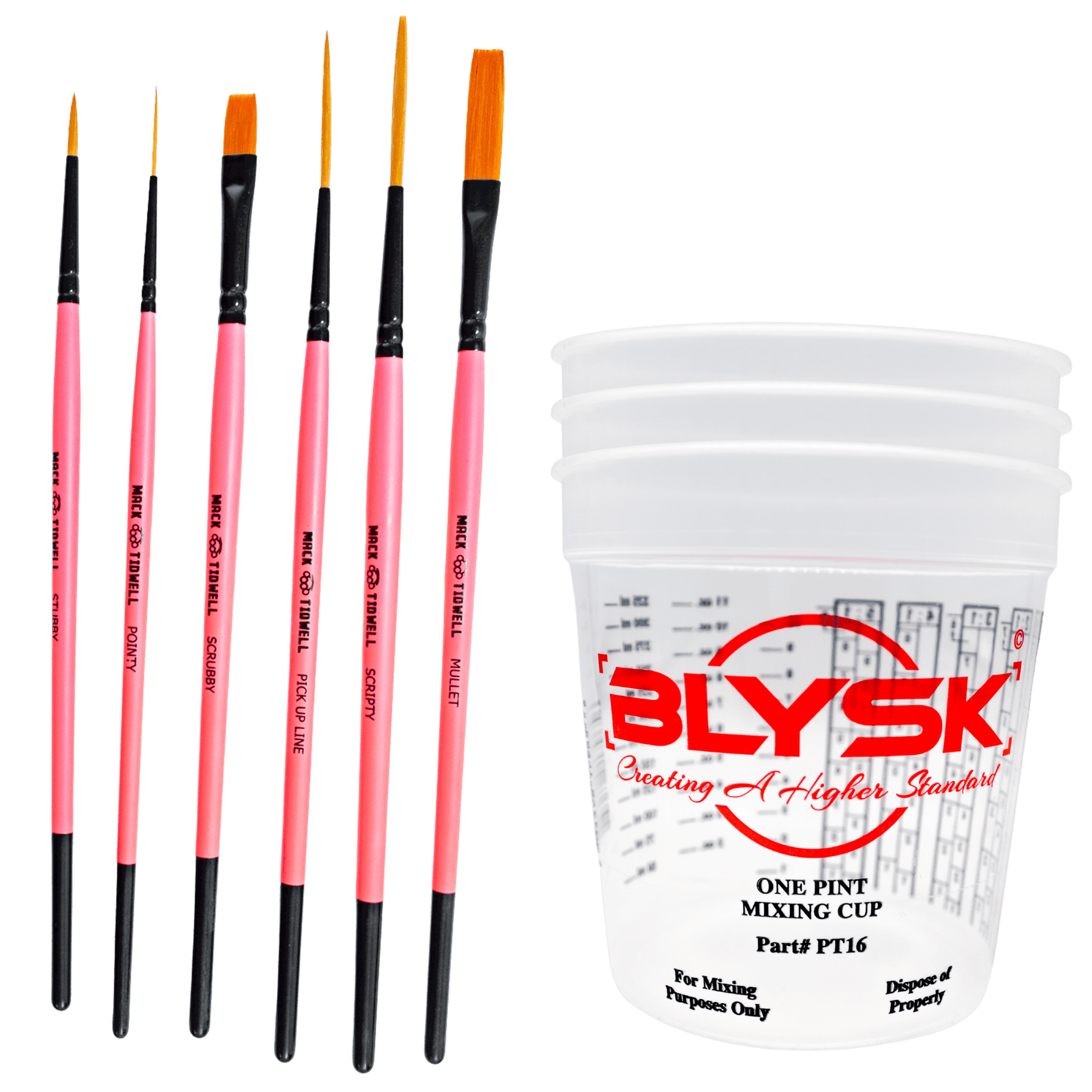 BLYSK and Mack M/T Broken Pinkies Set Striper, outliner, and scroller Brush Bundle with Free Pint Mixing Cups Set, Scrolling, pinstriping, Art (6, Mullet,Scrubby,Scripty,PickUpLine,Pointy,Stubby) - Maazzo