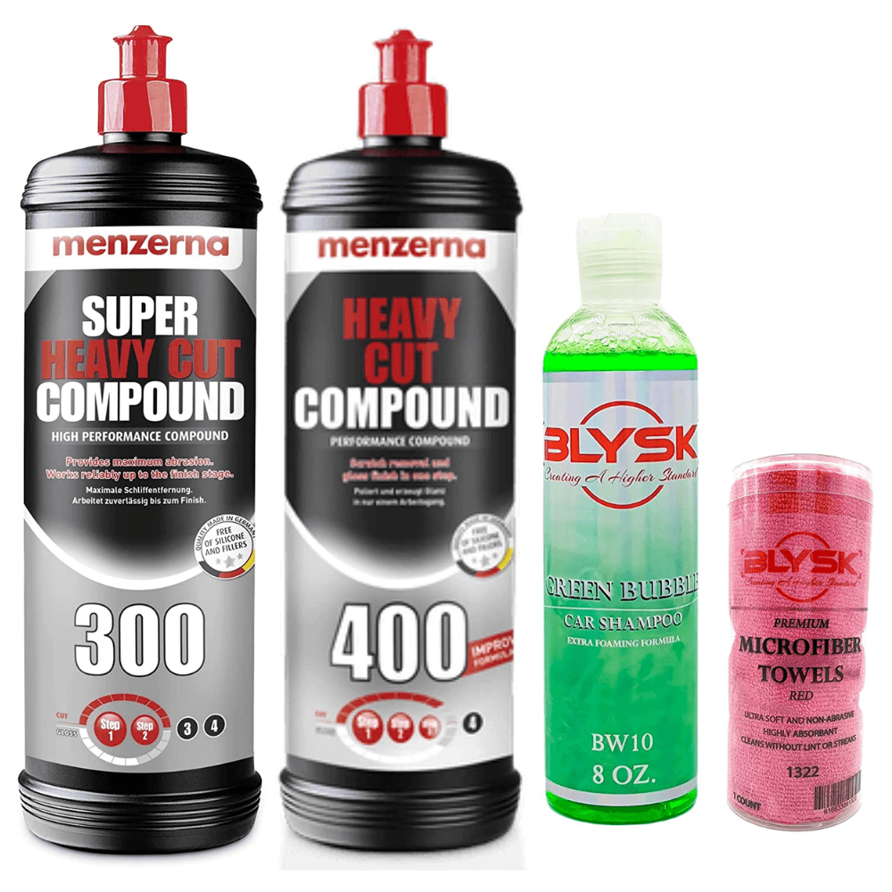 Blysk Bundle-Super Heavy Cut Compound 300- Heavy Cut Compound 400- Green Bubble Car Shampoo 8 OZ Microfiber Towel - Maazzo