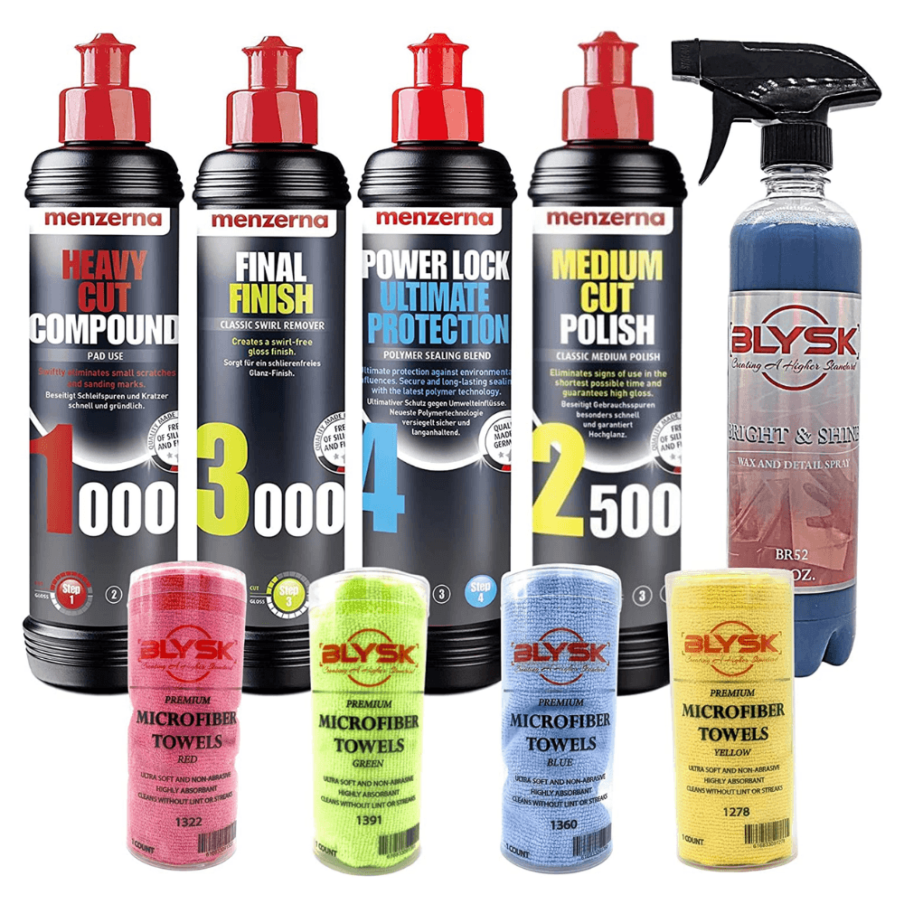Blysk Car Care, Polishing Compounds Kit, 1000 Heavy Cut Compound, 3000 Final Finish, 4 Power Lock Ultimate Protection, Bright and Shine Wax and Spray, (4) Colored Premium Microfiber Towels - Maazzo