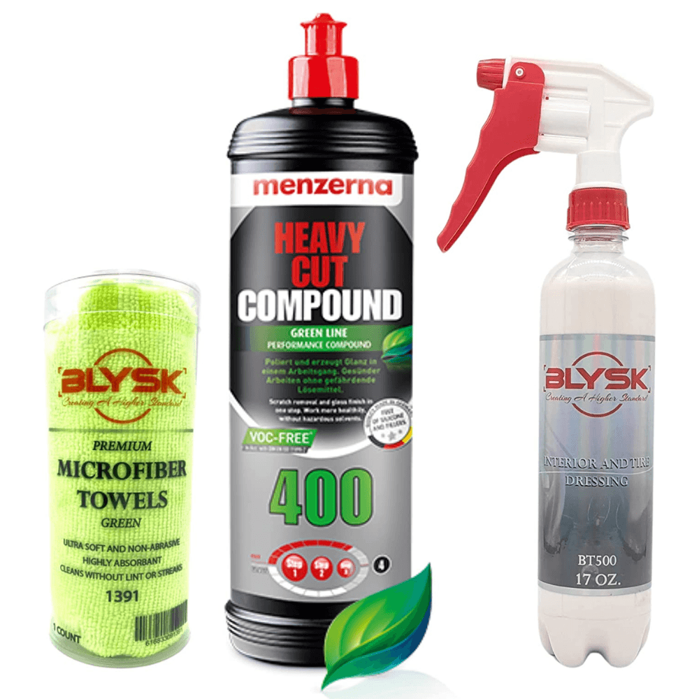 Blysk Car Care Detailing and Polishing Compounds Kit. 400 Heavy Cut Compound, Interior and Tire Dressing, Premium Green Microfiber Towels - Maazzo