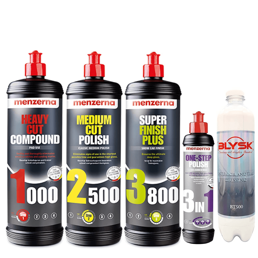 Blysk Car Care Detailing and Polishing Kit, Super Finish 3800, Medium Cut 2500, 3 in 1 One Step Polish, and Heavy Cut 1000 Polishing Compound Interior and Tire Dressing - Maazzo