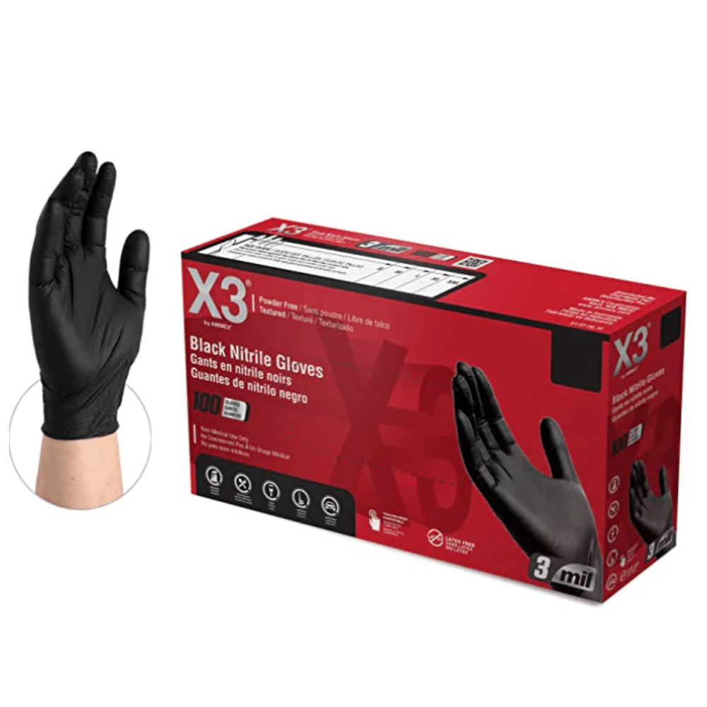 X3 Black Nitrile Industrial Gloves, 3 Mil, Powder Free, Textured, Disposable - Maazzo