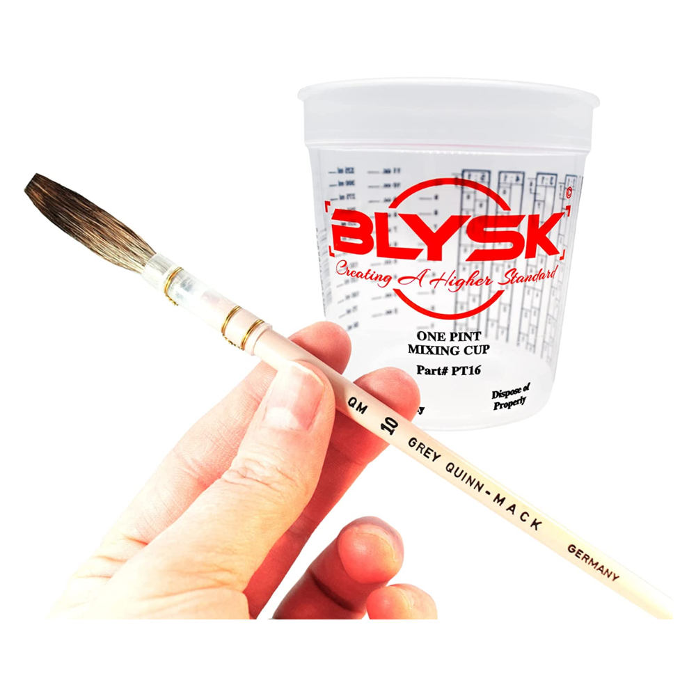 BLYSK and Mack Quinn-Mack Grey Quill (QM-G) Scroll Striping and Script Lettering Brush Bundle with Free Pint Mixing Cups Set, Artist Brushes, Pinstriping, for Enamel - Maazzo