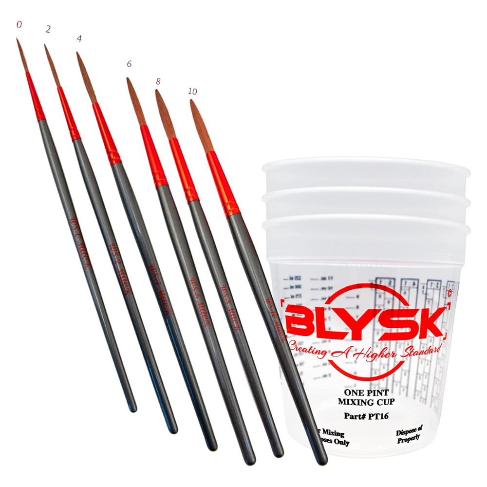BLYSK and Mack Wizard Scribe Synthetic Scroll Striping and Script Lettering Brush Bundle with Free Pint Mixing Cups Set, Artist Brushes, pinstriping (1, #0,2,4,6,8,10 Set)