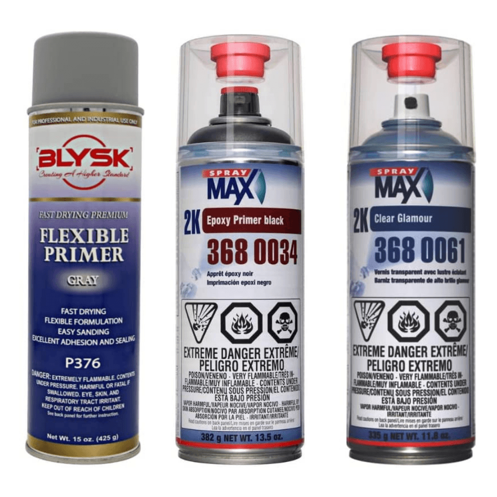 Blysk Bundle-Spray Max Clear Glamor 2K with very high chemical, and weather resistance-Spray Max Epoxy Primer Black for Cleaned and Sanded Surfaces-Blysk Flexible Primer Gray.. - Maazzo