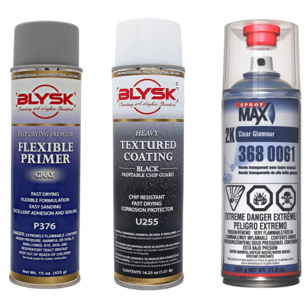Blysk Bundle-Spray Max Clear Glamour 2K Clear Coat with Very High Chemical, Gasoline, and Weather resistance for Sealing-Blysk Textured Coating-Blysk Flexible Primer Gray - Maazzo