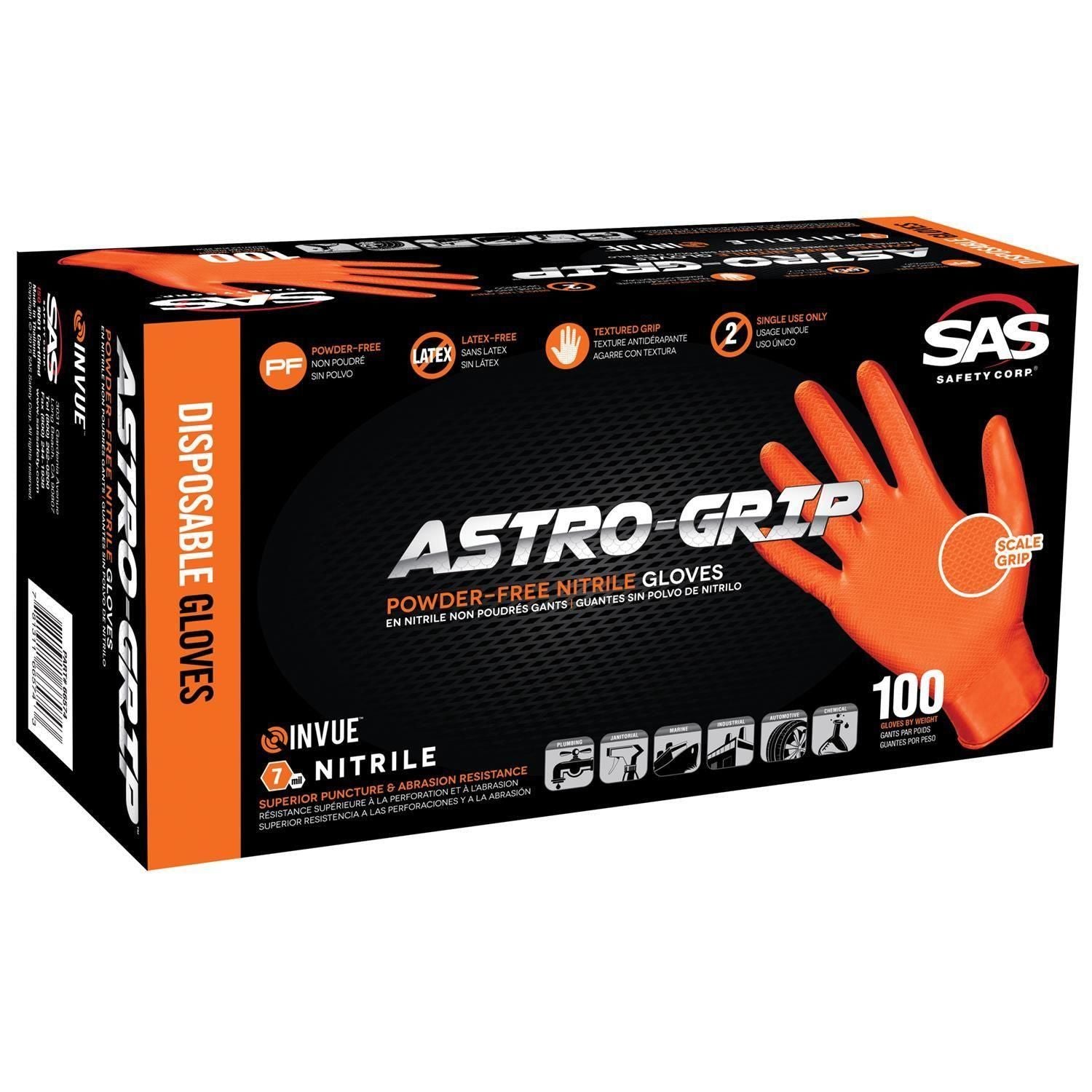 SAS Safety 66573 Astro Grip Powder-Free Nitrile Disposable Glove, Large, Pack of 100 - Maazzo