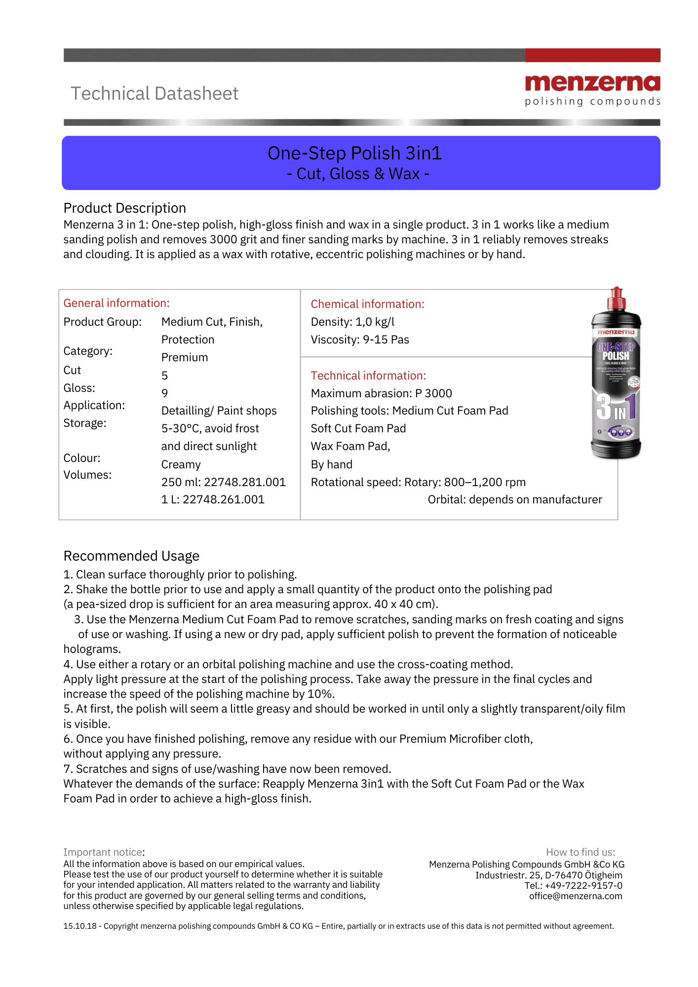 MENZERNA 3 IN 1 - Cut, Gloss and Wax - Michael's Auto Reconditioning  Supplies